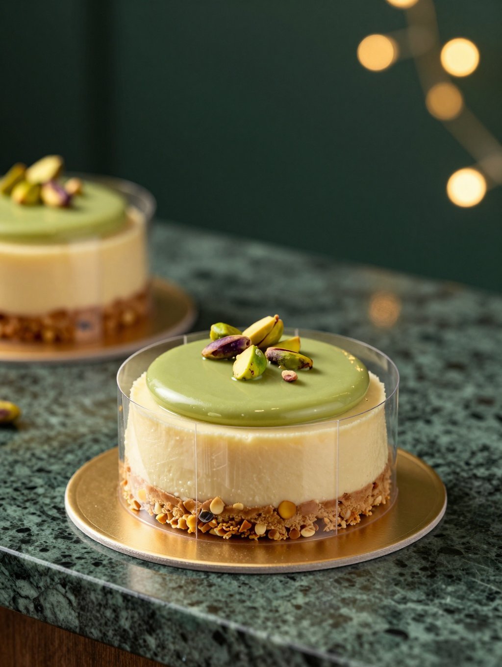 Rundes Cheesecake-Törtchen mit Pistaziencreme in Klarsicht-Manschette