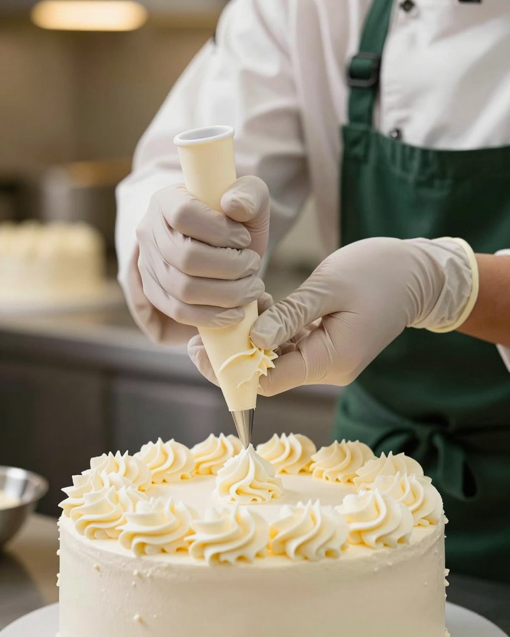 Die Hände des Konditormeisters beim Verzieren einer Torte