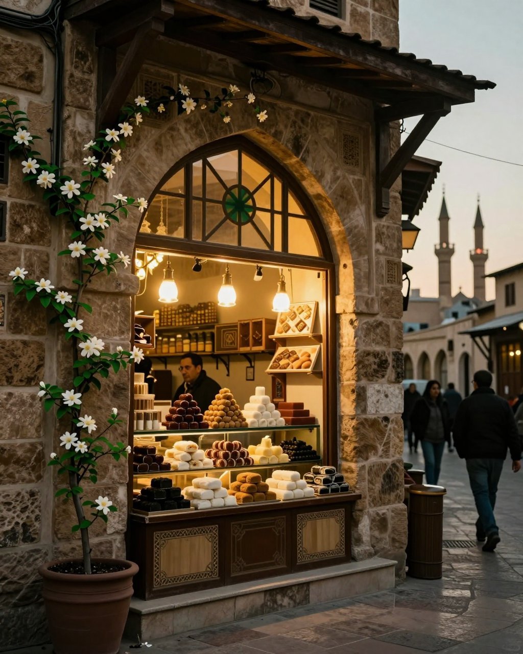 Traditioneller Süßigkeiten-Laden in der Altstadt von Damaskus am Abend