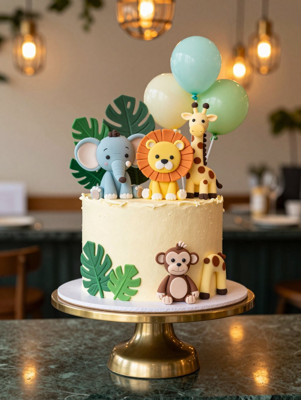 Safari-Kindertorte mit Löwe, Elefant, Affe und Giraffe