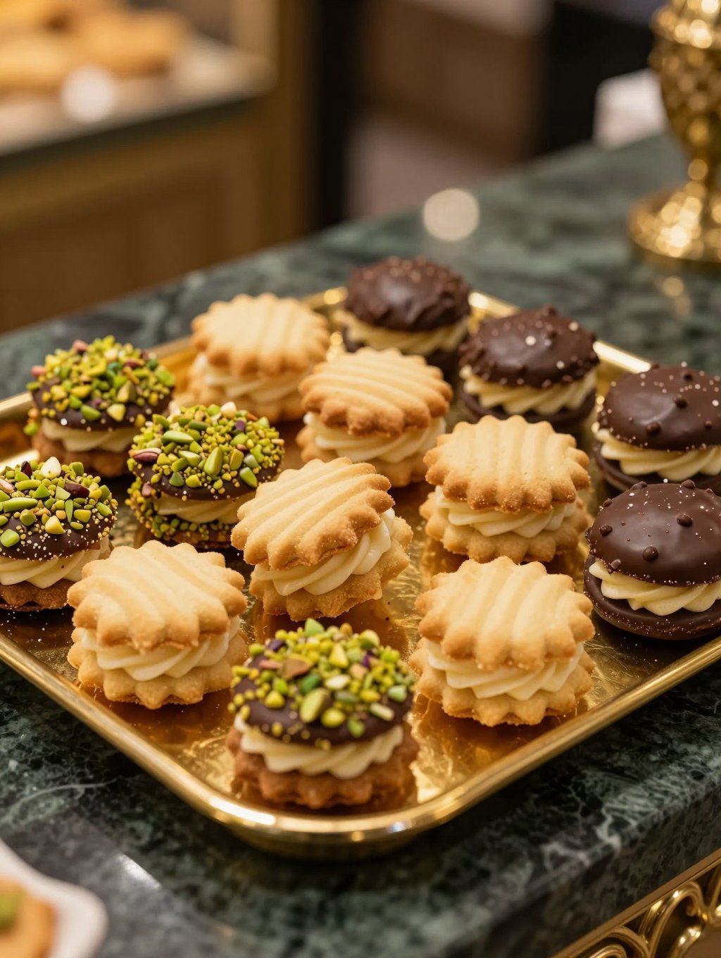 Feine Petit Fours mit zarter Glasur und Golddekor