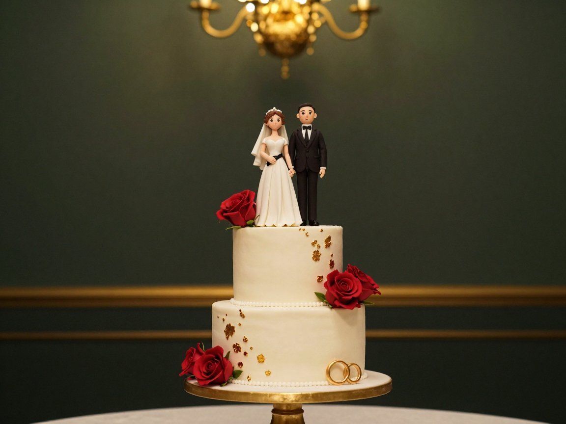 Dreistöckige Hochzeitstorte mit roten Rosen und Golddekor