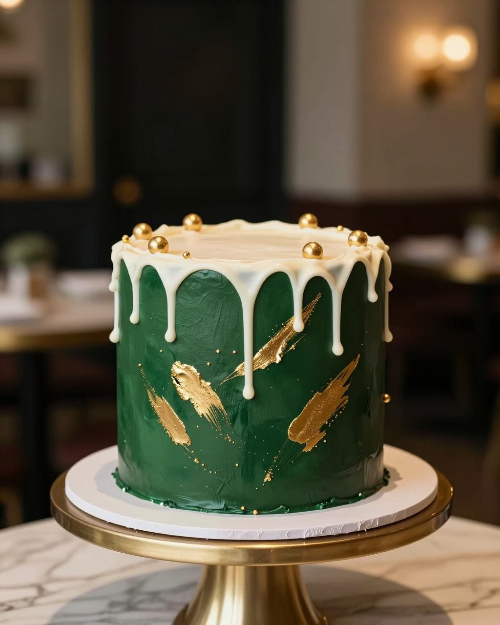 Signatur-Torte in Dunkelgrün mit Gold-Pinselstrichen