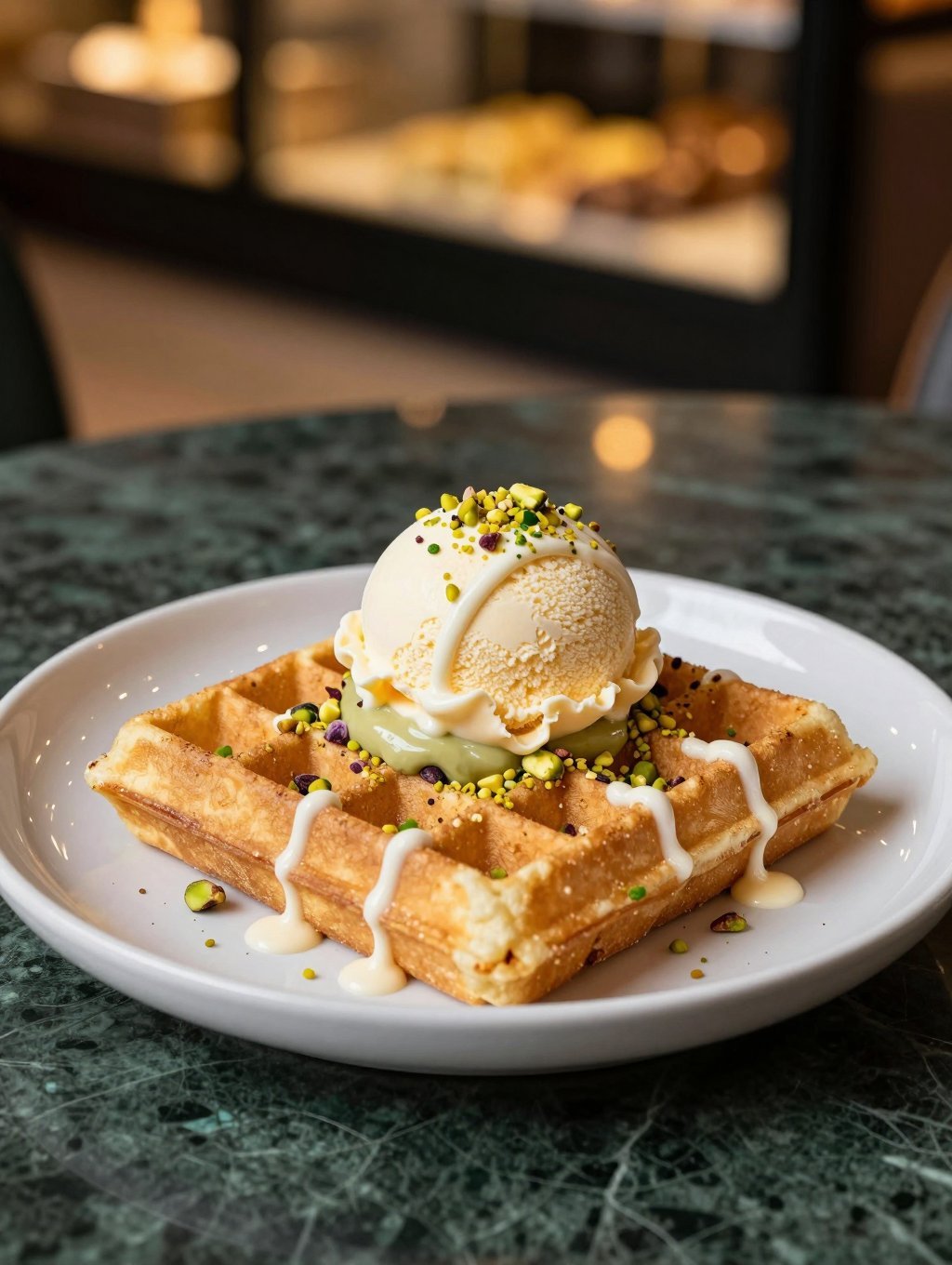 Belgische Waffel mit Pistaziencreme und Eis